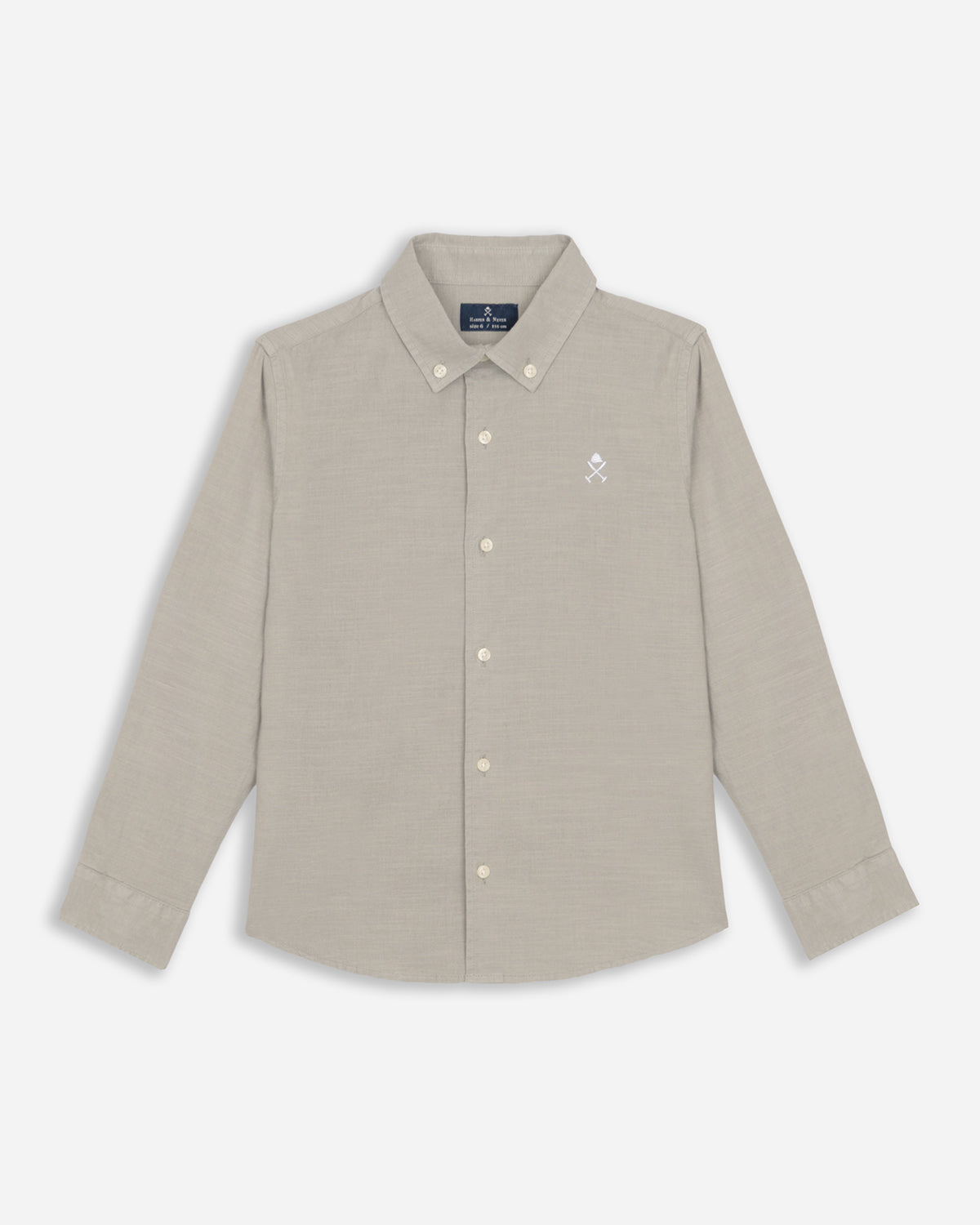 Camisa Royal Academy Kids de Harper & Neyer en lino y algodón verde gris, plano frontal con botones de nácar y bordado logo de la marca