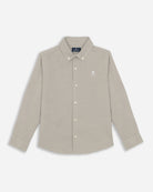 Camisa Royal Academy Kids de Harper & Neyer en lino y algodón verde gris, plano frontal con botones de nácar y bordado logo de la marca