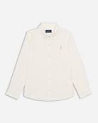 Camisa Royal Academy Kids de Harper & Neyer en lino y algodón blanco roto, plano frontal con botones crema y bordado logo de la marca