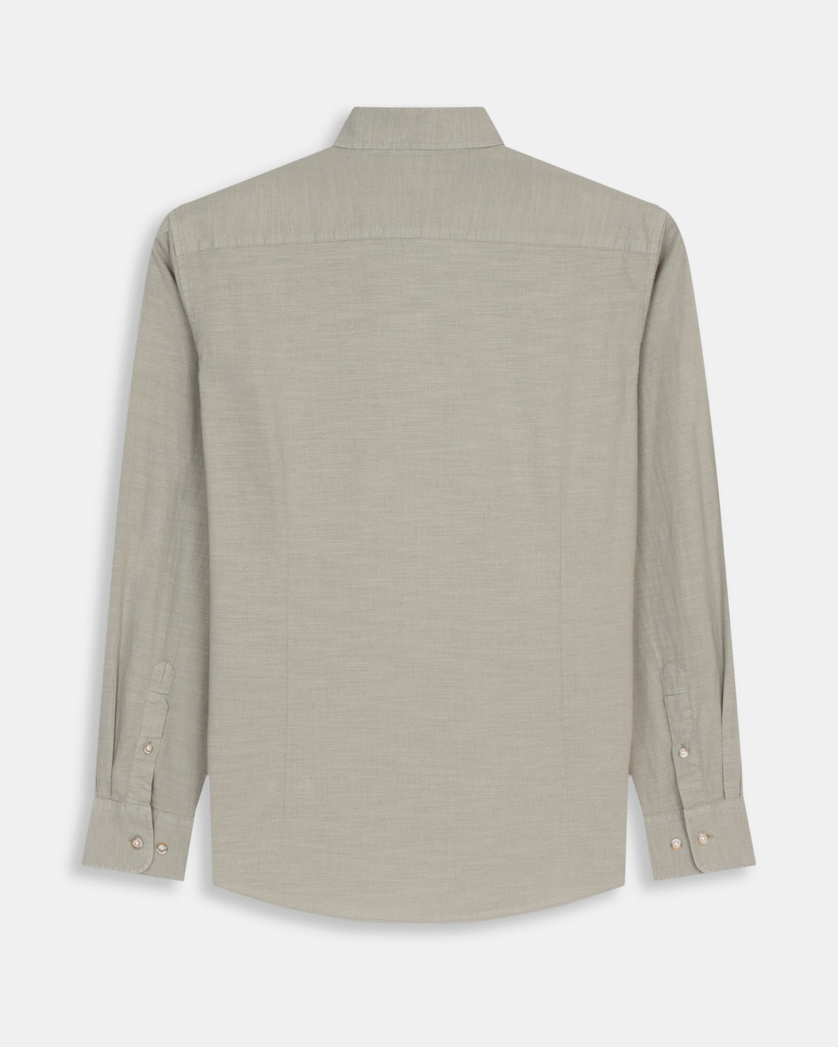 Camisa Royal Academy en tejido verde gris, vista trasera con puños de botones de nácar y tejido premium