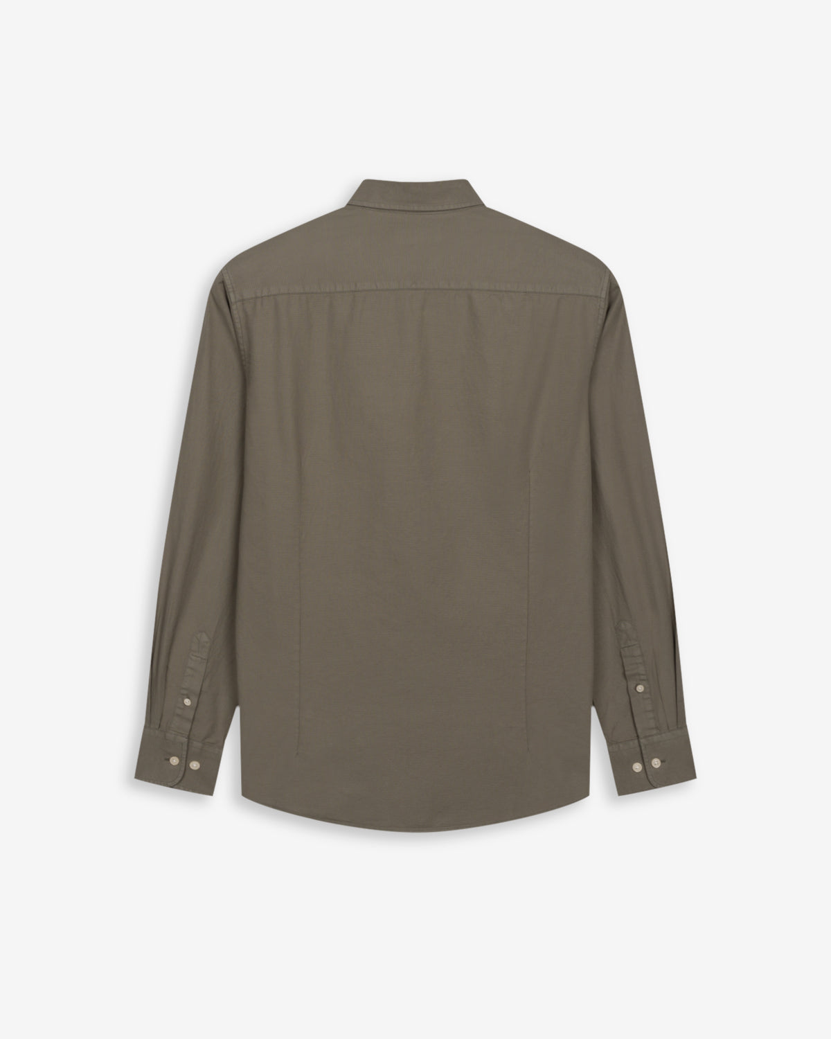 Camisa Veneto de Harper & Neyer lisa en verde musgo, vista trasera con canesú y puños abotonados