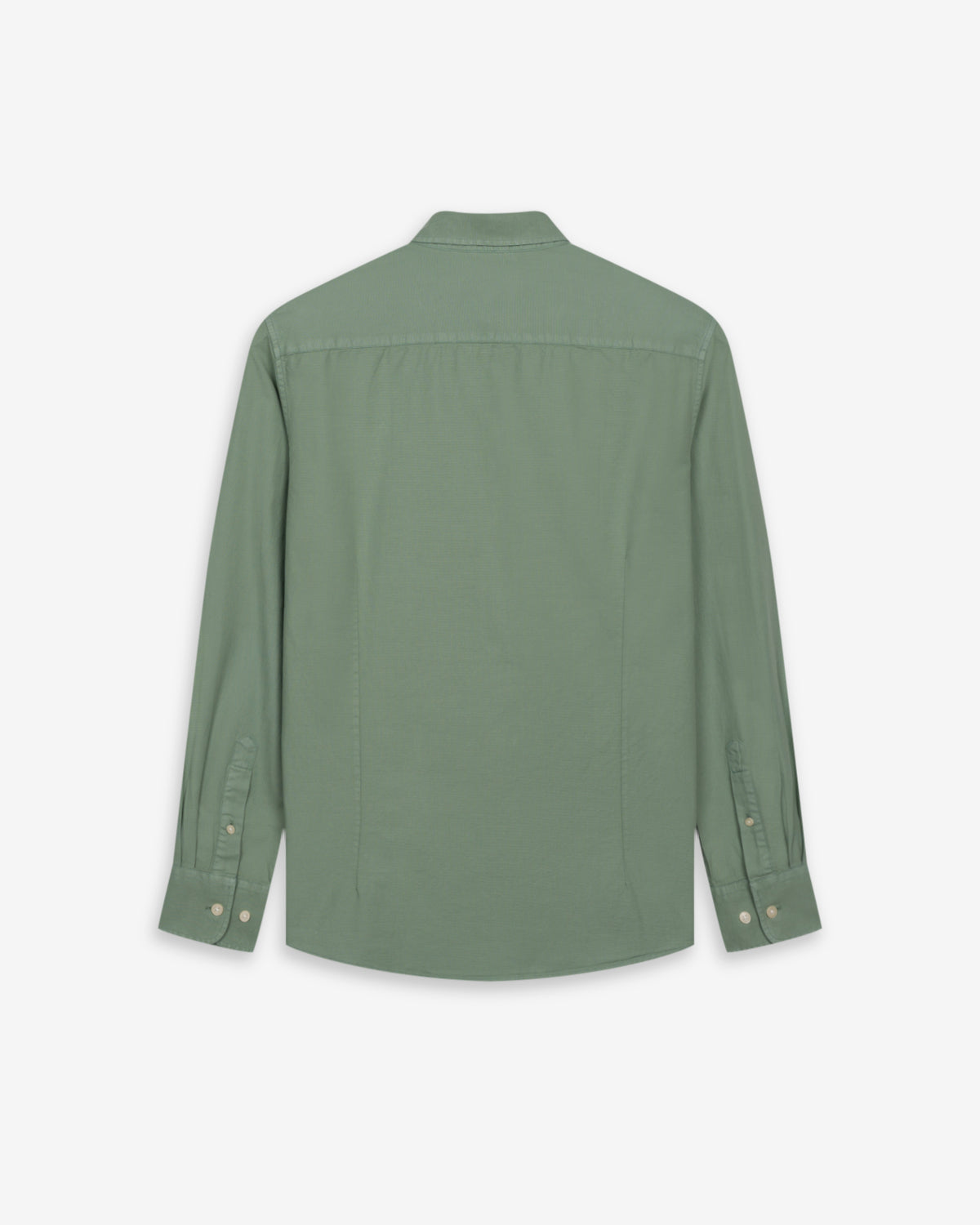 Camisa Veneto de Harper & Neyer lisa en verde salvia, vista trasera con canesú y puños abotonados