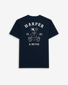 Camiseta Arthur de Harper & Neyer en azul marino, vista trasera con gráfico de osito y logo estampado
