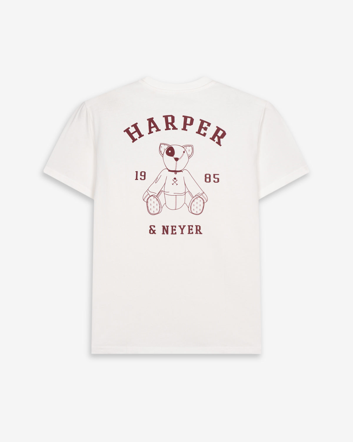 Camiseta Arthur de Harper & Neyer en blanco, vista trasera con gráfico de osito estampado en burdeos