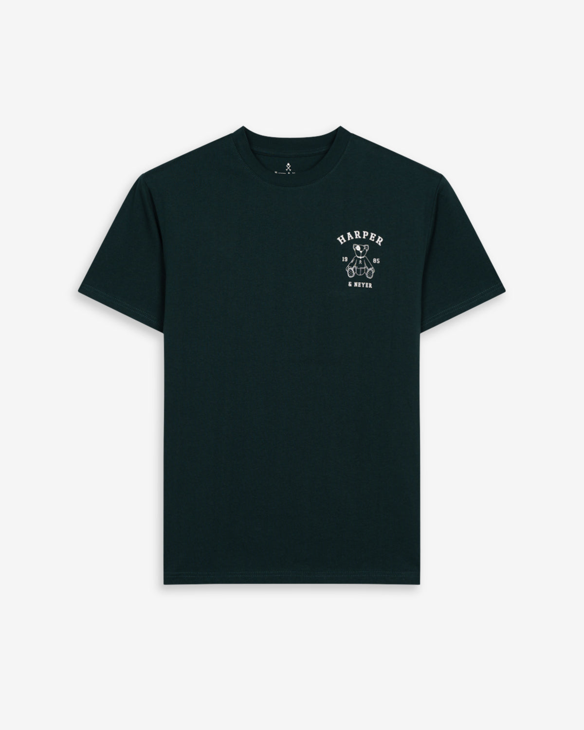Camiseta Arthur de Harper & Neyer en verde botella, vista frontal con logo estampado en el pecho