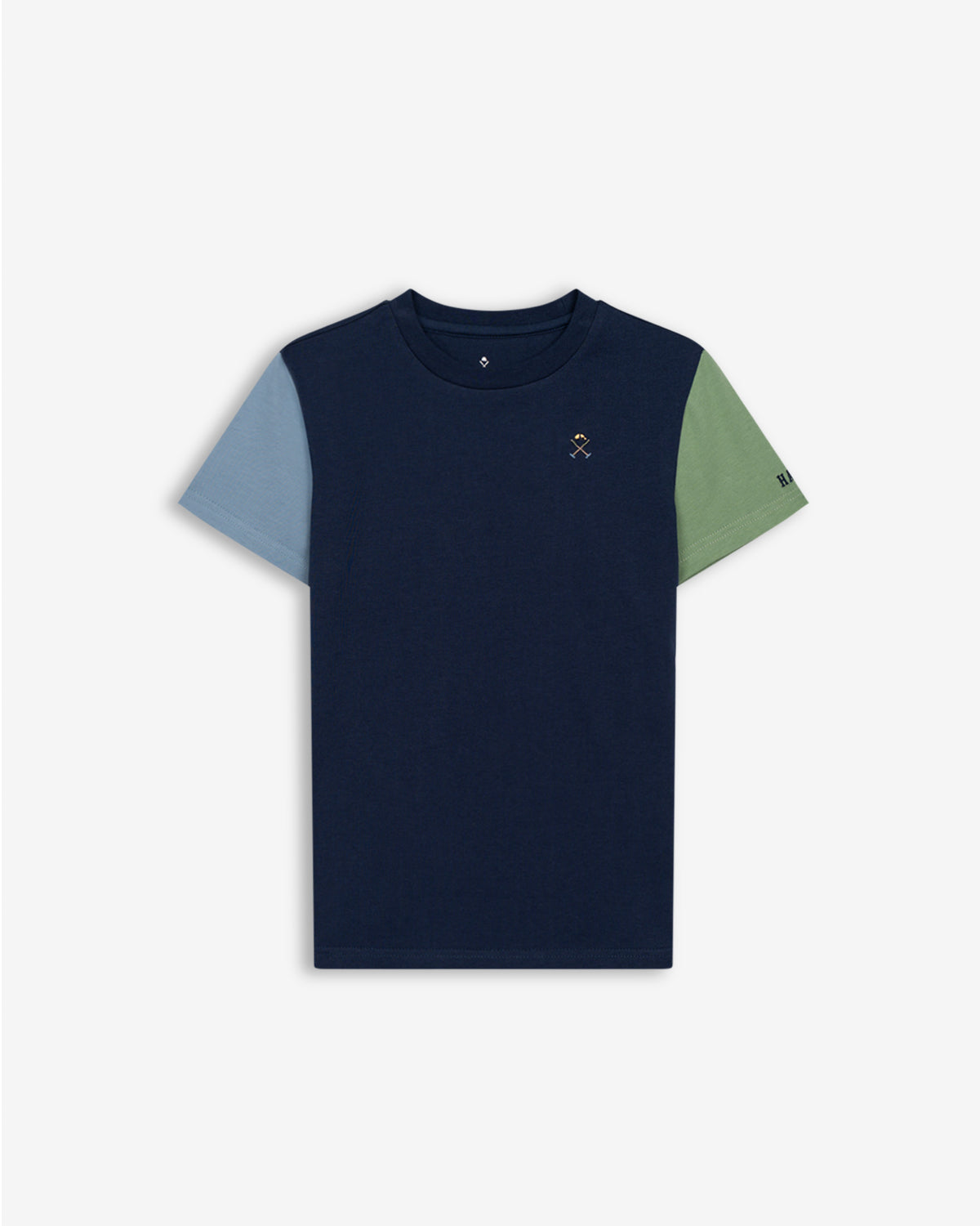 Camiseta ATLANTHA KIDS color block de Harper & Neyer en azul marino con mangas azul cielo y verde salvia, vista frontal