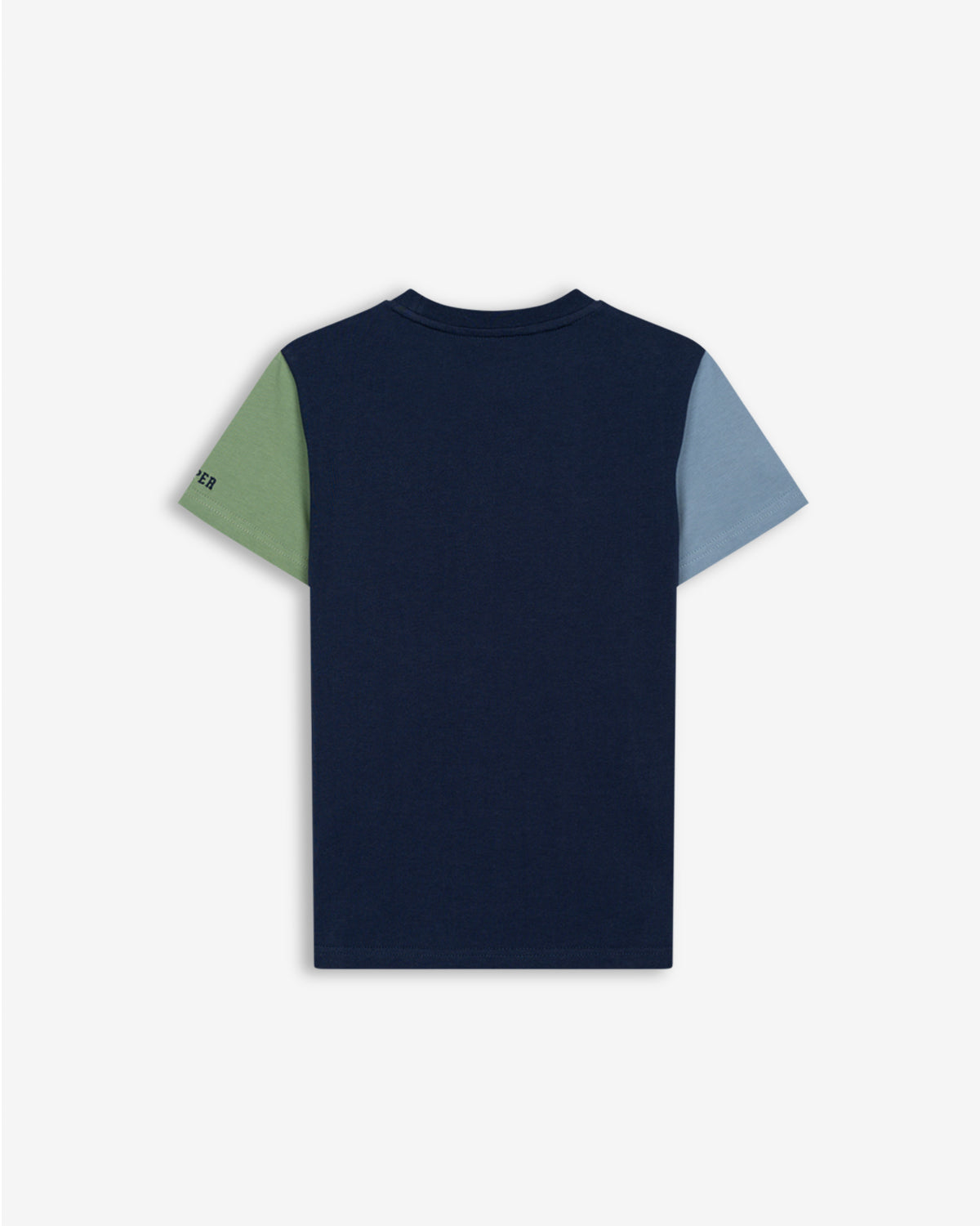 Camiseta ATLANTHA KIDS azul marino de Harper & Neyer con mangas contrastadas verde salvia y azul cielo, vista trasera