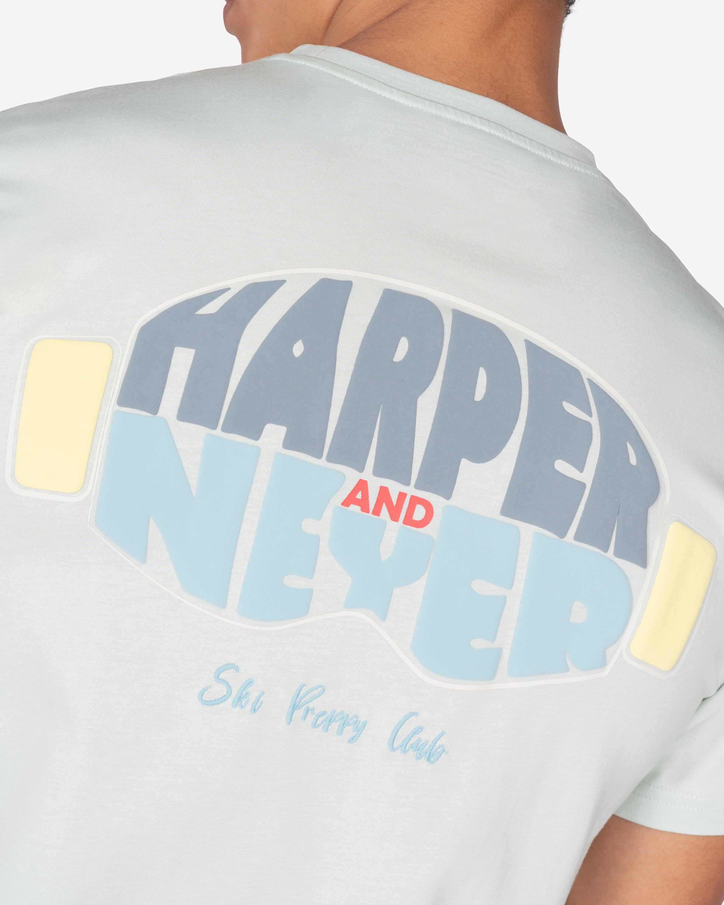 Detalle del print trasero de máscara de esquí con firma Ski Preppy Club de la camiseta EVERGREEN gris perla de Harper & Neyer