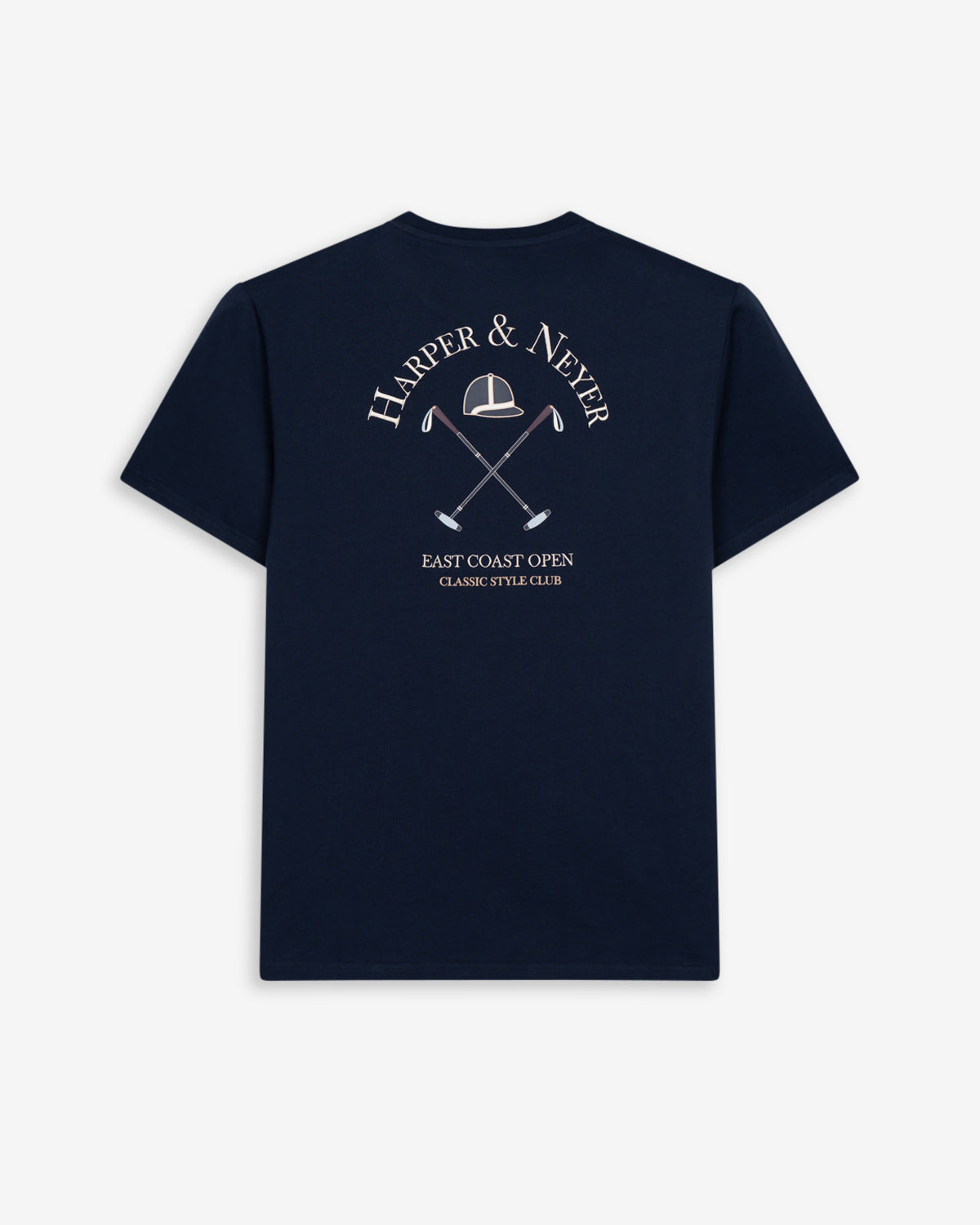Camiseta GOLDEN STATE de Harper & Neyer en azul marino, vista trasera con casco y mazos de polo estampados