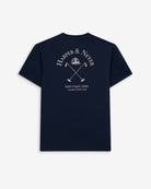 Camiseta GOLDEN STATE de Harper & Neyer en azul marino, vista trasera con casco y mazos de polo estampados