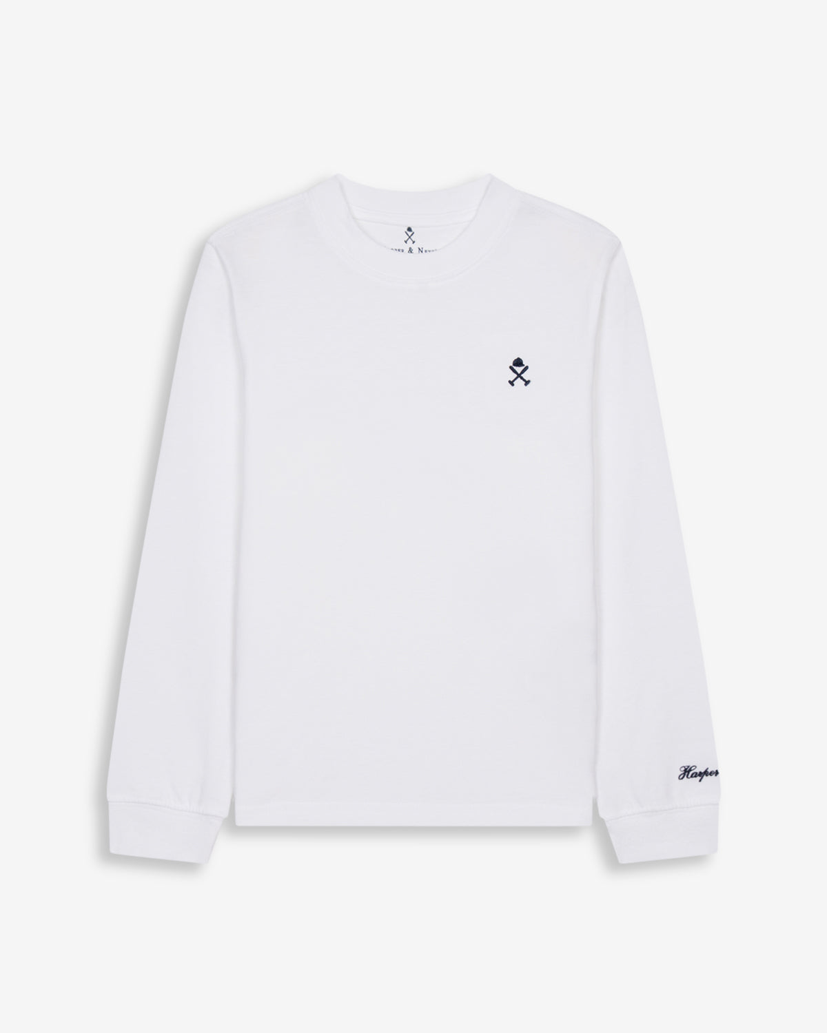 Camiseta Long Sleeve ICON KIDS blanca de Harper & Neyer, vista frontal con logo bordado y Harper en la manga