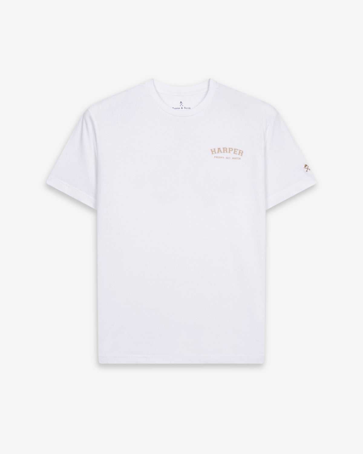 Camiseta MICHIGAN de Harper & Neyer en algodón blanco, bodegón frontal con logo Harper en el pecho