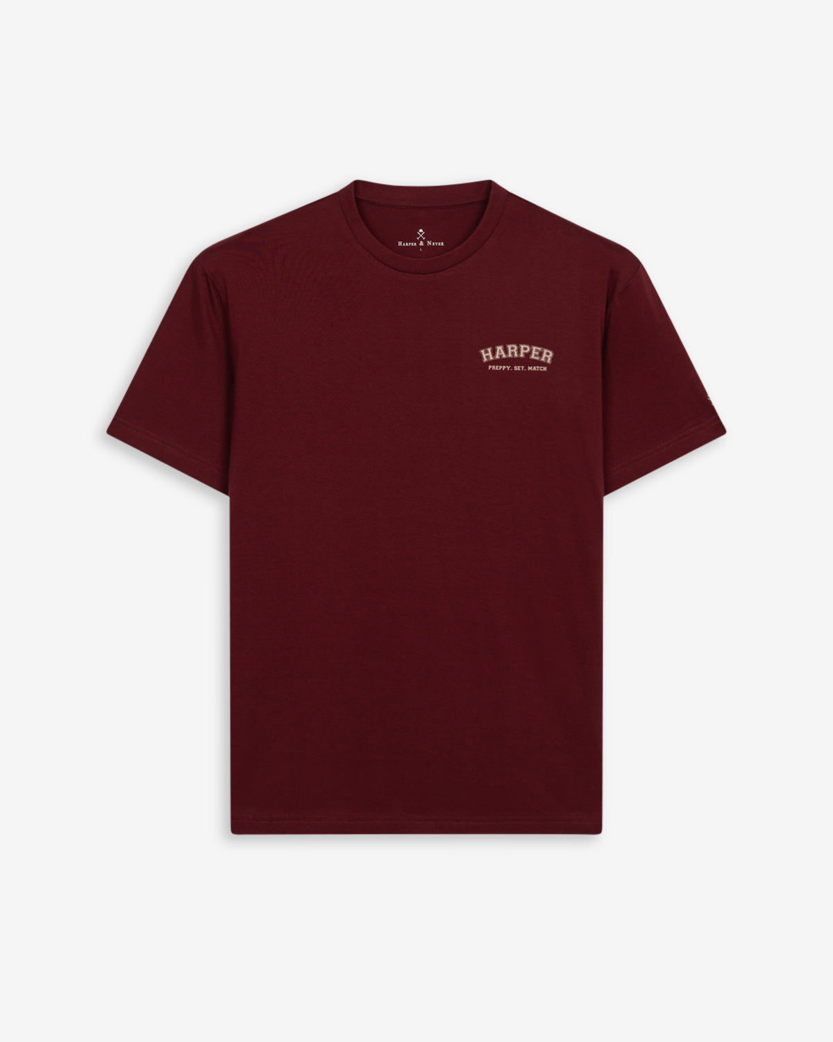 Camiseta MICHIGAN de Harper & Neyer en algodón burdeos, bodegón frontal con logo Harper en el pecho