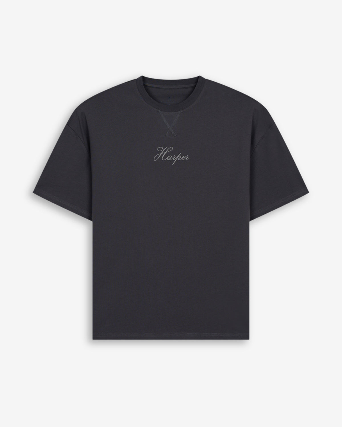Camiseta NEWPORT oversize de Harper & Neyer en antracita, bodegón frontal con logo Harper bordado