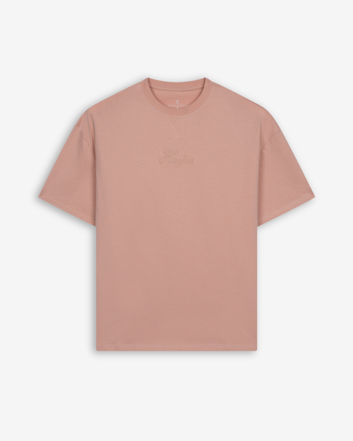 Camiseta NEWPORT oversize de Harper & Neyer en rosa empolvado, bodegón frontal con logo Harper bordado