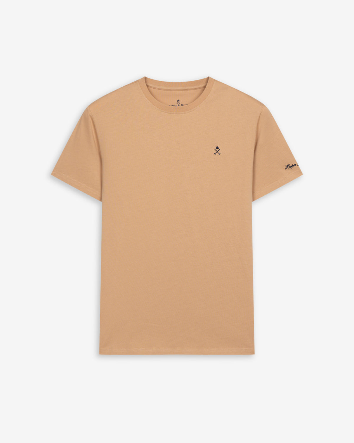Camiseta PARADISE de Harper & Neyer en camel, vista frontal con logo bordado en azul marino