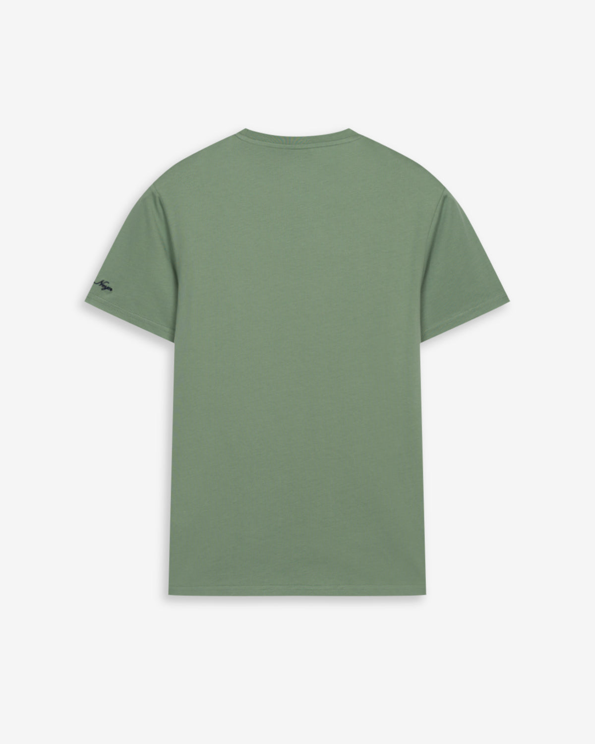 Camiseta PARADISE de Harper & Neyer en verde salvia, vista trasera lisa con bordado en la manga