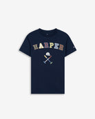 Camiseta RETRO KIDS de Harper & Neyer en algodón azul marino, vista frontal con estampado vintage multicolor