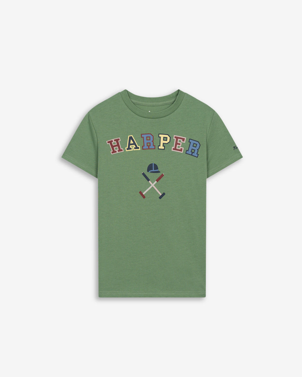 Camiseta RETRO KIDS de Harper & Neyer en algodón verde salvia, vista frontal con estampado vintage multicolor