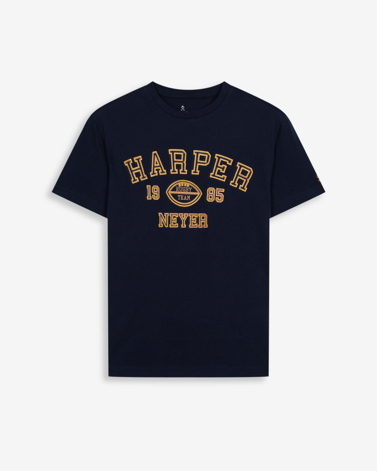 Camiseta Rugby de Harper & Neyer en azul marino, vista frontal con gráfico college de rugby bordado