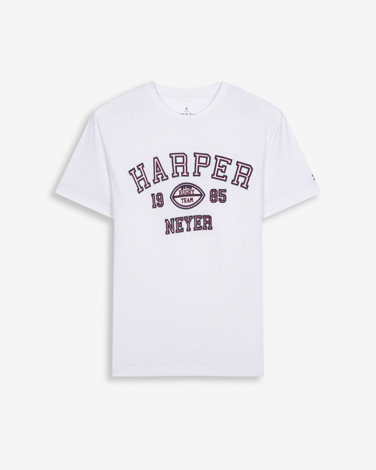 Camiseta Rugby de Harper & Neyer en blanco, vista frontal con gráfico college de rugby estampado en azul marino y burdeos