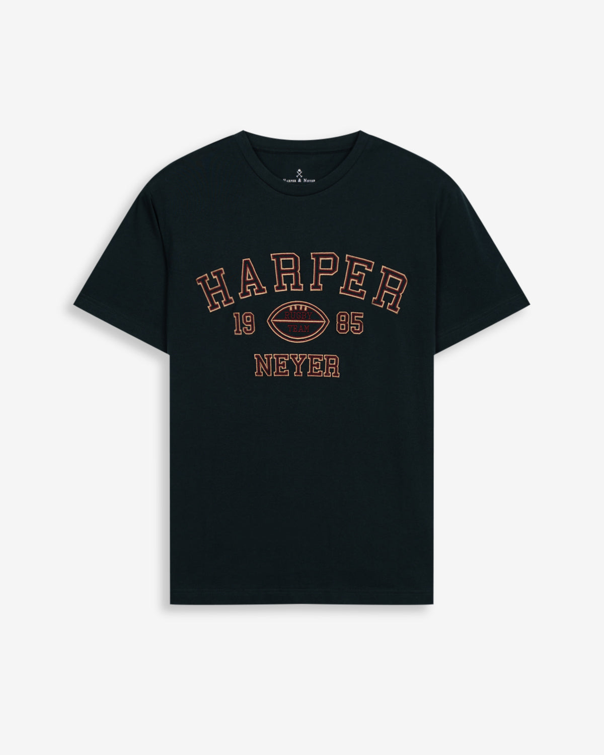 Camiseta Rugby de Harper & Neyer en verde botella, vista frontal con gráfico college de rugby bordado