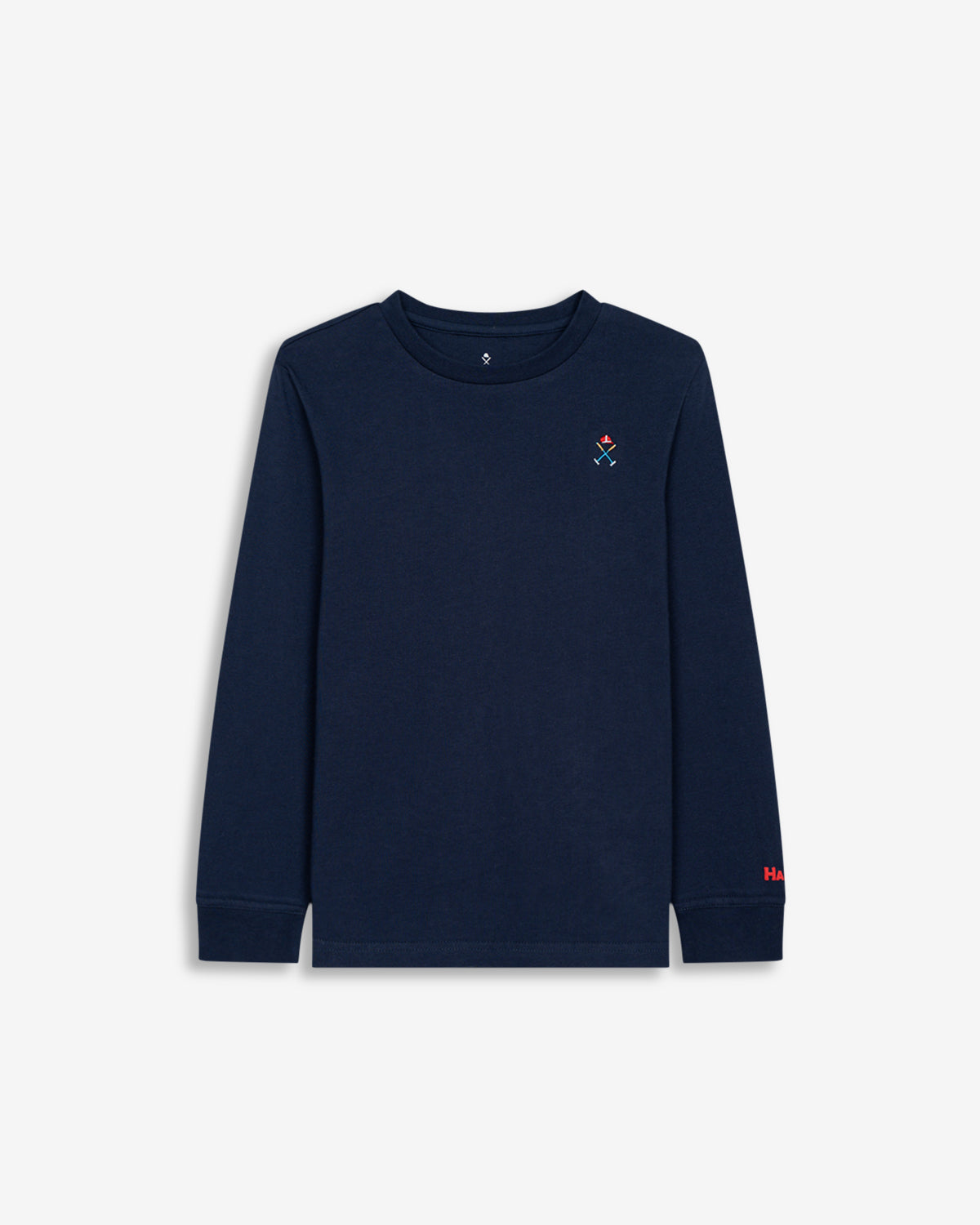 Camiseta SNOWDRIFT KIDS de manga larga en algodón azul marino de Harper & Neyer, vista frontal con logo bordado tricolor