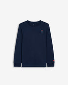Camiseta SNOWDRIFT KIDS de manga larga en algodón azul marino de Harper & Neyer, vista frontal con logo bordado tricolor