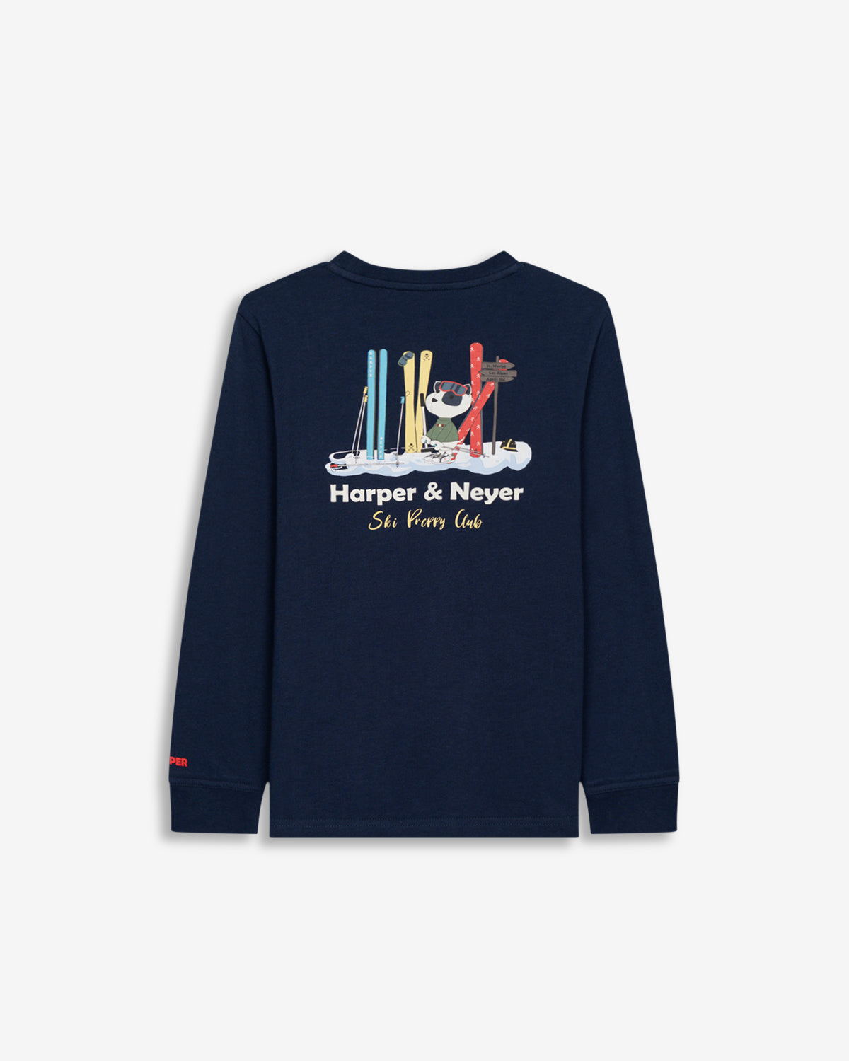 Camiseta SNOWDRIFT KIDS azul marino de Harper & Neyer, vista trasera con ilustración de oso polar y esquís Ski Preppy Club