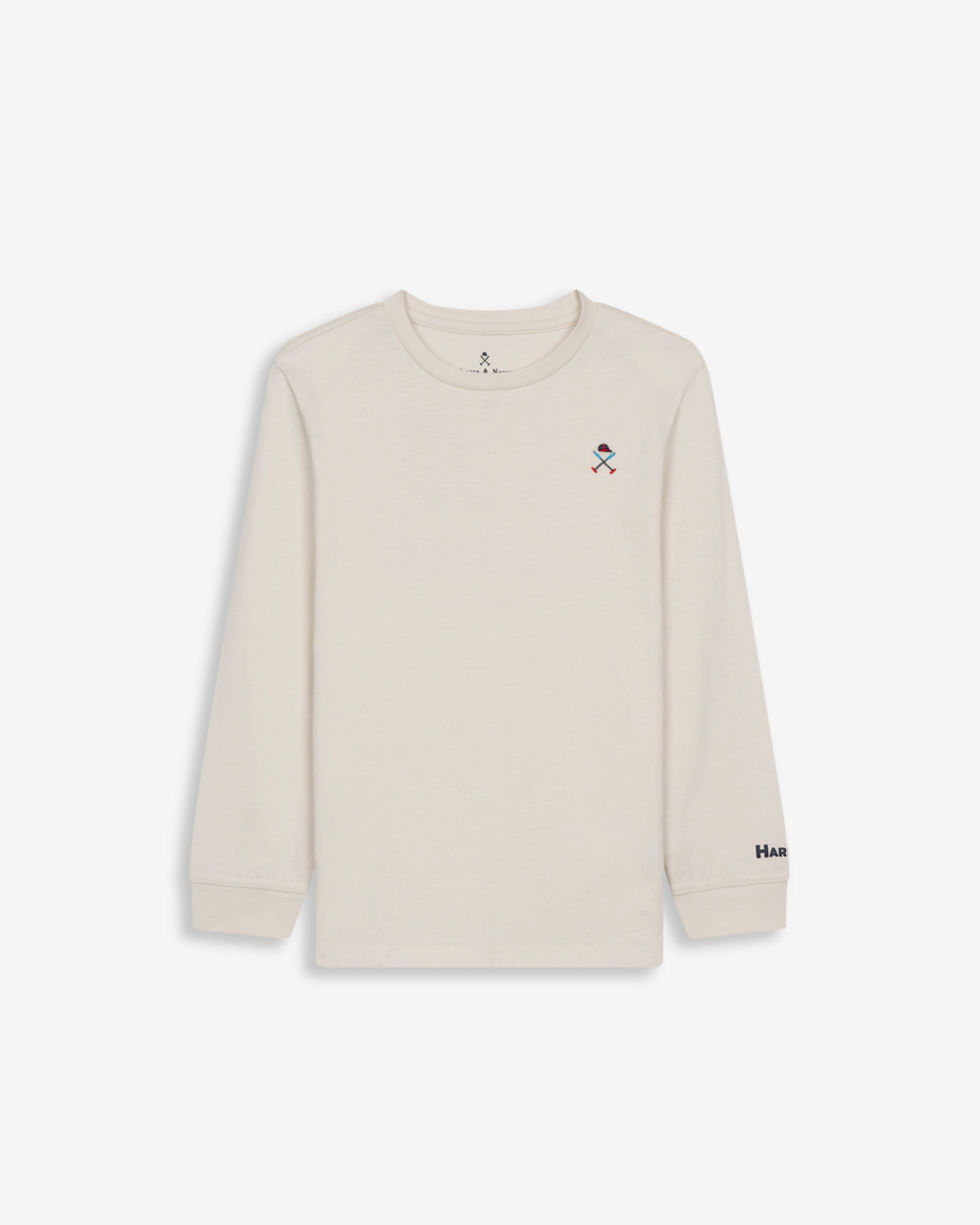 Camiseta SNOWDRIFT KIDS de manga larga en algodón crudo de Harper & Neyer, vista frontal con logo bordado tricolor