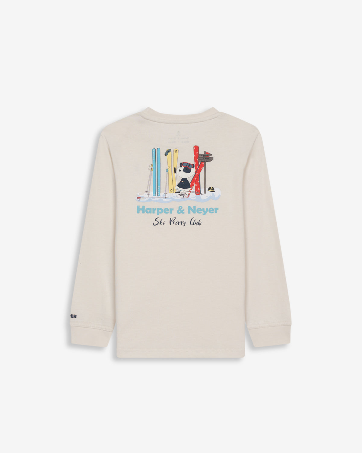 Camiseta SNOWDRIFT KIDS crudo de Harper & Neyer, vista trasera con ilustración de oso polar y esquís Ski Preppy Club