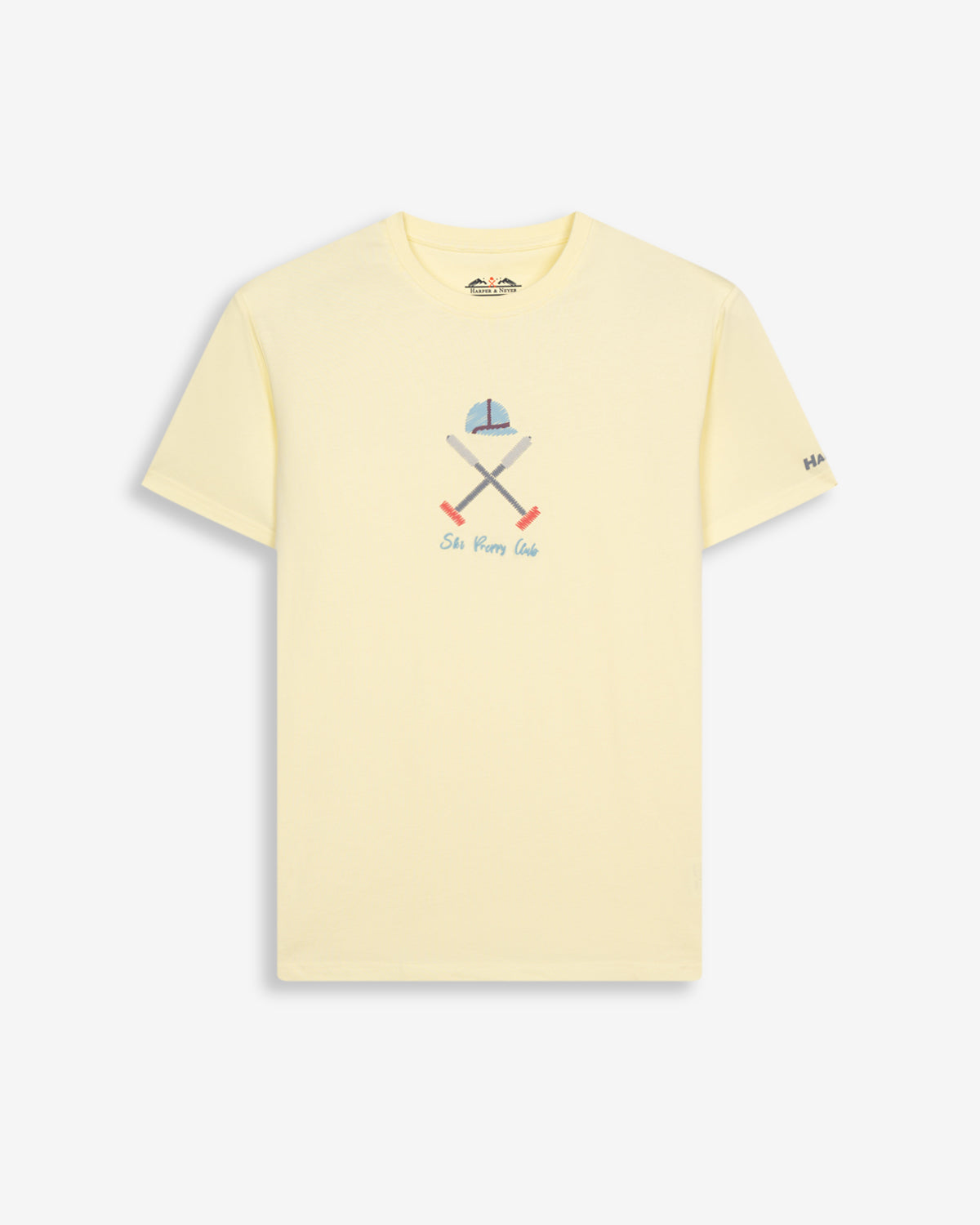 Camiseta VERMONT de Harper & Neyer en amarillo mantequilla, vista frontal con bordado Ski Preppy Club