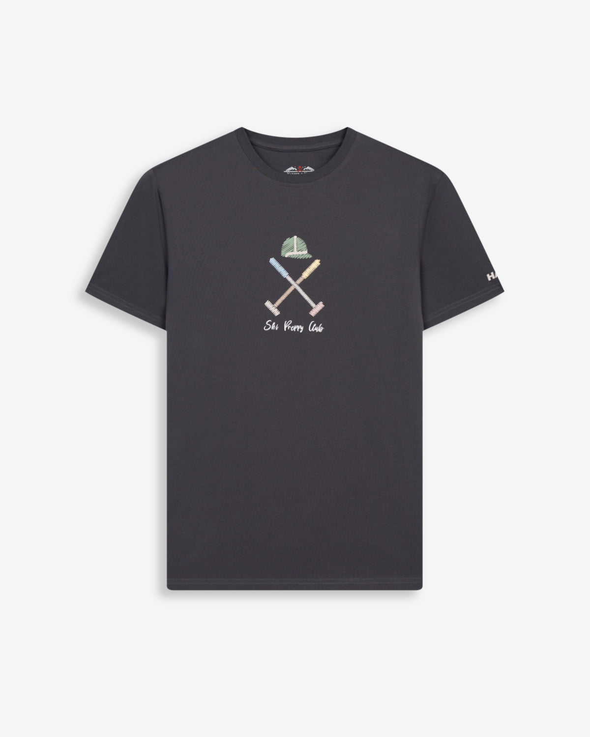 Camiseta VERMONT de Harper & Neyer en antracita, vista frontal con bordado Ski Preppy Club en tonos pastel