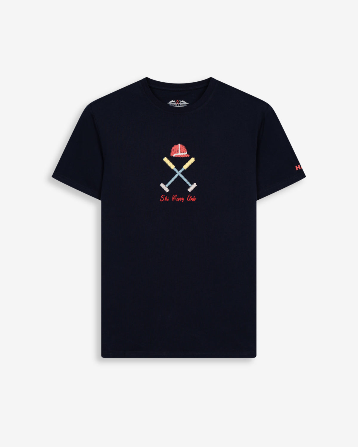 Camiseta VERMONT de Harper & Neyer en azul marino, vista frontal con bordado Ski Preppy Club en rojo y amarillo