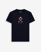 Camiseta VERMONT de Harper & Neyer en azul marino, vista frontal con bordado Ski Preppy Club en rojo y amarillo
