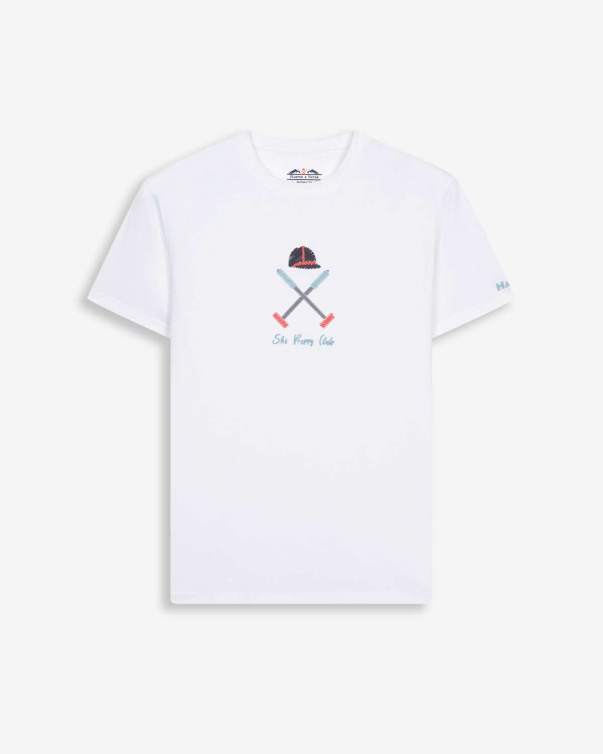 Camiseta VERMONT de Harper & Neyer en blanco, vista frontal con bordado Ski Preppy Club multicolor