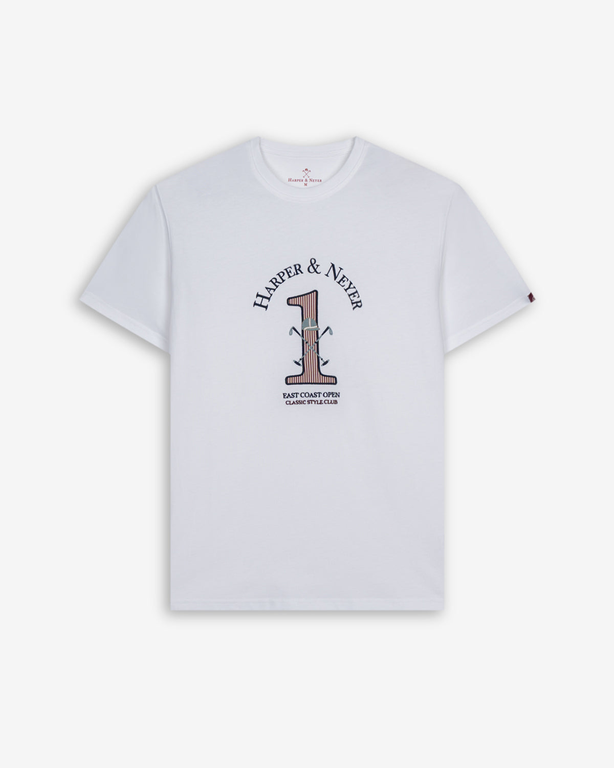 Camiseta WINNER de Harper & Neyer en algodón blanco, bodegón frontal con estampado universitario del número 1