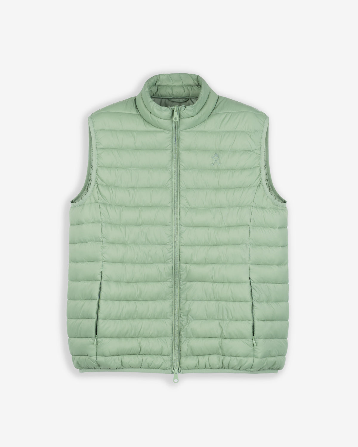 Chaleco ICON de Harper & Neyer en verde militar, bodegón frontal del acolchado
