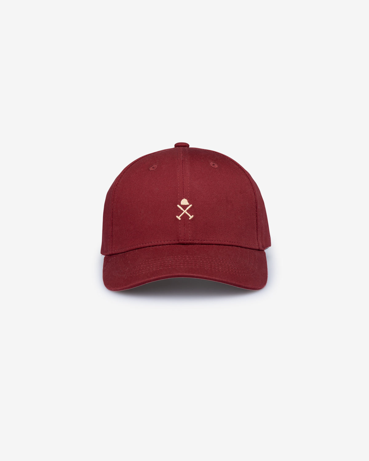 Gorra ICON COLOR de Harper & Neyer en burdeos, vista frontal con bordado del casco y los mazos en camel