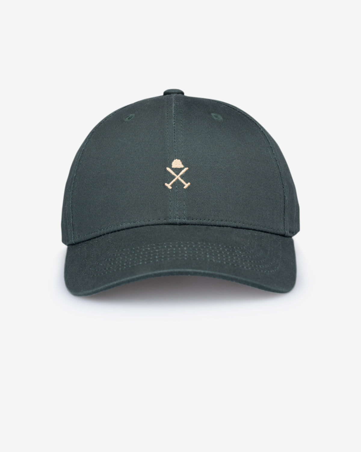 Gorra ICON COLOR de Harper & Neyer en verde botella, vista frontal con bordado del casco y los mazos en camel