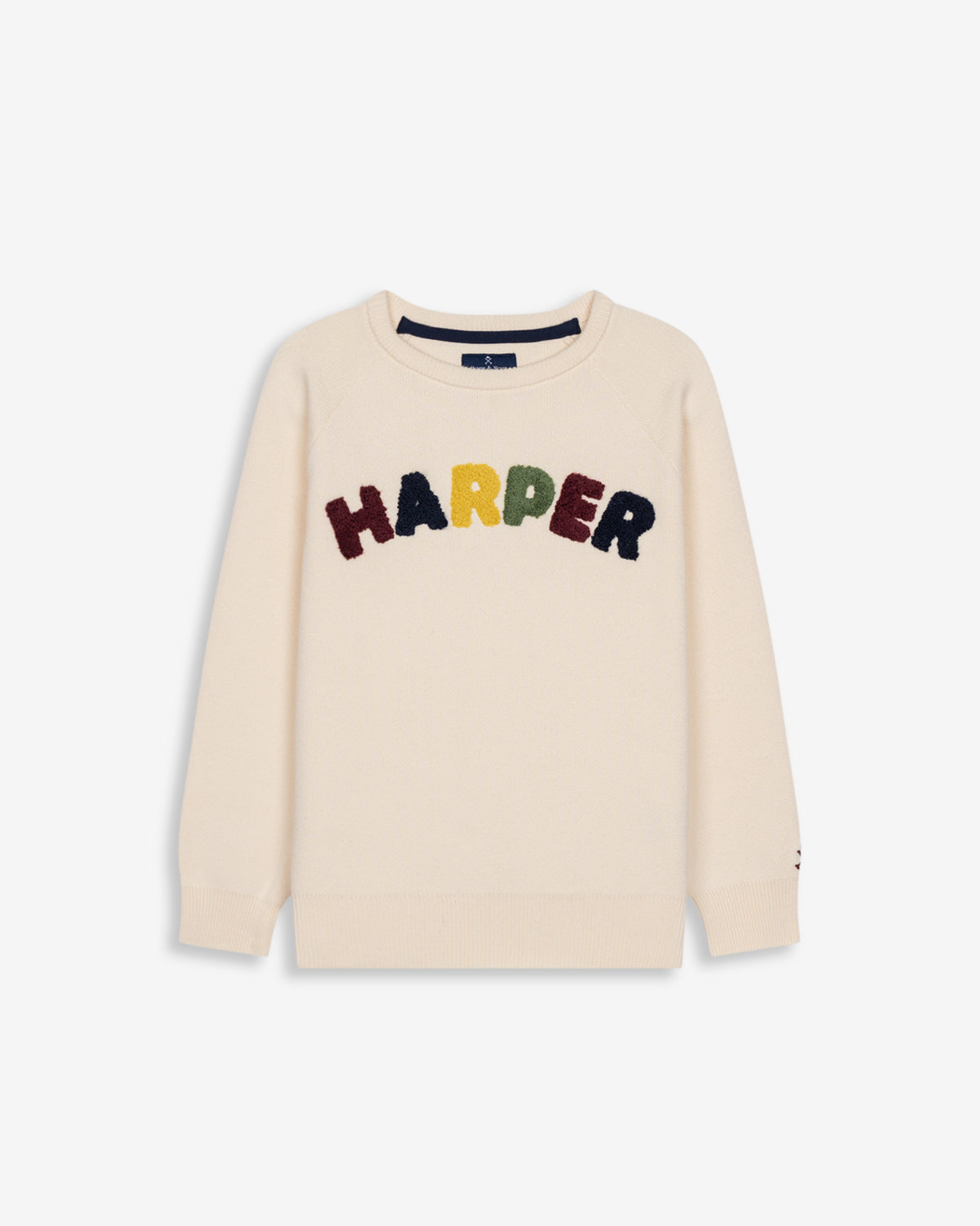 Jersey BALTIMORE KIDS de Harper & Neyer en crudo, vista frontal con gráfico college azul marino y burdeos