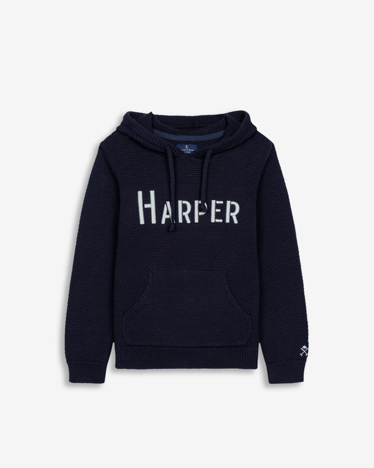 Jersey HOOPER KIDS de Harper & Neyer en punto azul marino, vista frontal con el nombre bordado en crudo