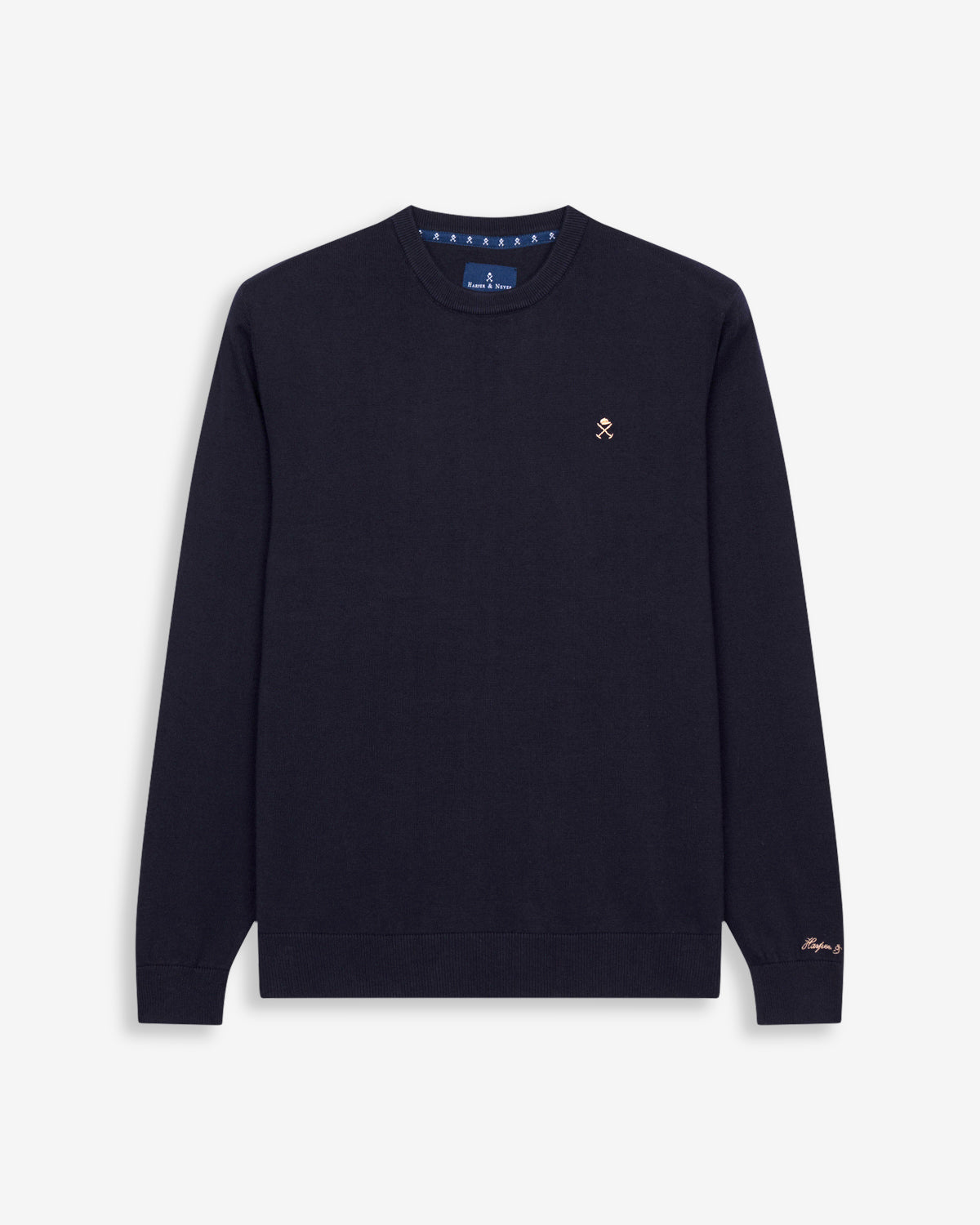Jersey ICON de Harper & Neyer en algodón azul marino, bodegón frontal con bordado camel en el pecho