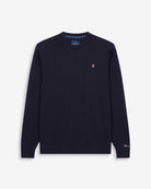 Jersey ICON de Harper & Neyer en algodón azul marino, bodegón frontal con bordado camel en el pecho
