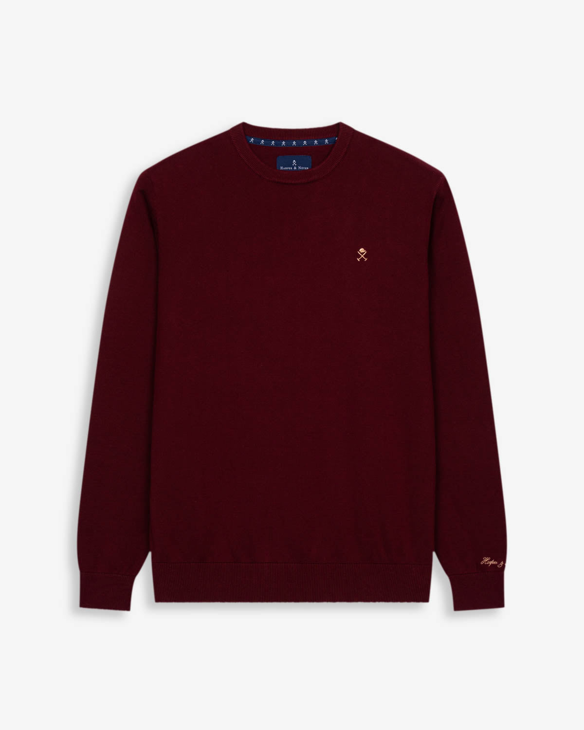 Jersey ICON de Harper & Neyer en algodón burdeos, bodegón frontal con bordado camel en el pecho