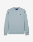 Jersey ICON COLORS de Harper & Neyer en algodón azul cielo, bodegón frontal con bordado azul marino en el pecho