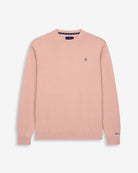 Jersey ICON COLORS de Harper & Neyer en algodón rosa empolvado, bodegón frontal con bordado azul marino en el pecho