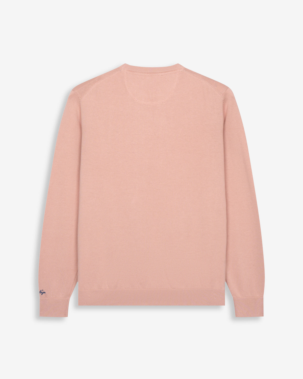 Jersey ICON COLORS en algodón rosa empolvado de Harper & Neyer, bodegón trasero con firma Neyer en el puño