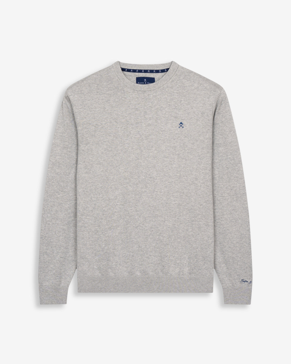 Jersey ICON de Harper & Neyer en algodón gris jaspeado, bodegón frontal con firma en el puño