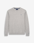 Jersey ICON de Harper & Neyer en algodón gris jaspeado, bodegón frontal con firma en el puño